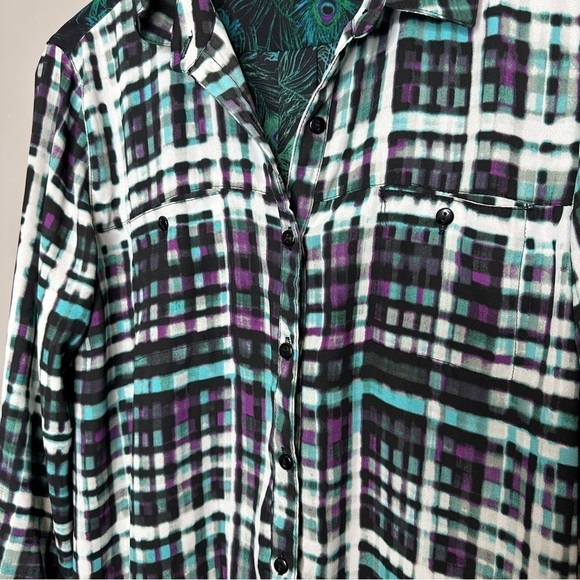 Symple NYC plaid oversized button front peacock blouse - Picture 2 of 9